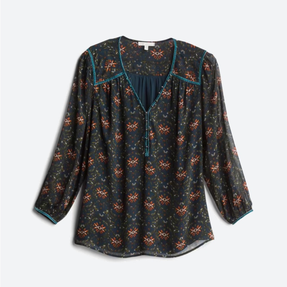 PALE SKY- Valerio Piping Detail Top- 1X- Stitch Fix- Navy and Green Print